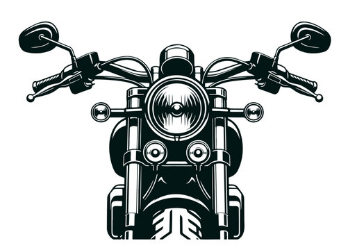 Vintage motorcycle front view with headlight, handlebars, and engine elements isolated