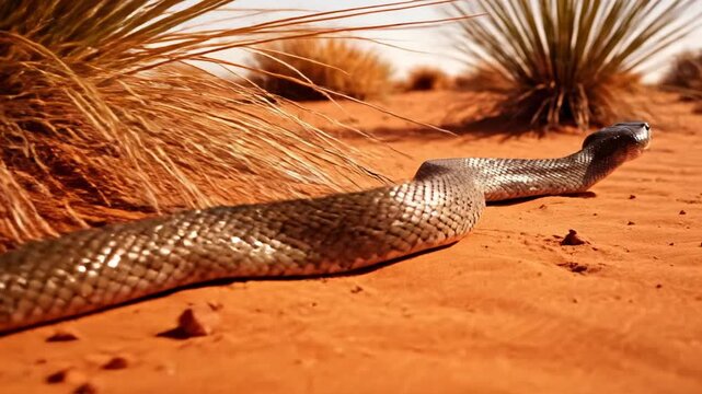 Snake crawling slowly through arid red desert sand with sparse bushes representing wildlife in a desolate environment