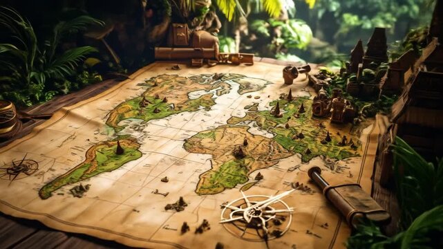 Detailed World Map on Wooden Table Surrounded by Lush Jungle Foliage with Soft Ambient Lighting and Tropical Ambiance