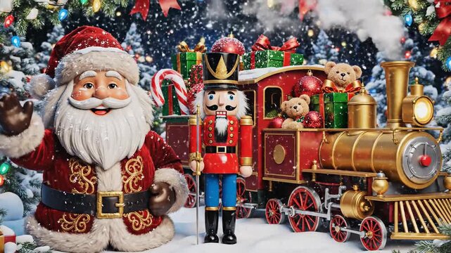 Festive holiday scene with santa claus nutcracker and toy train display