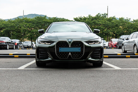June 5, 2022, Seoul, South Korea - A BMW i4 electric car is seen parked in an outdoor parking lot.