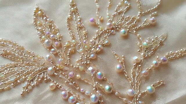 Detailed Close-Up of Intricate Gold Thread Embroidery on Cream Fabric &ndash; Delicate Craftsmanship and Luxurious Texture.