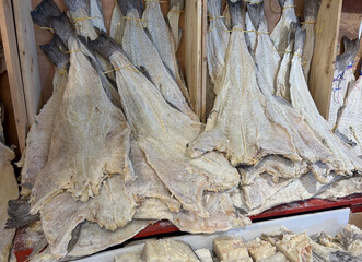 Dried, salted, cod fish, known as bacalhau, for sale in a Portuguese market. Typical food from Portugal.