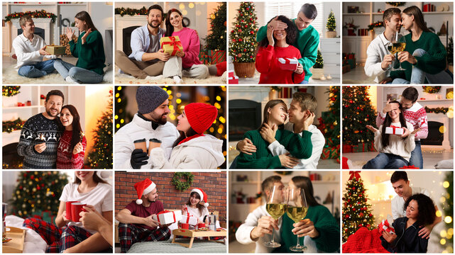 Christmas and winter holidays celebration. Photos of happy couples combined in collage