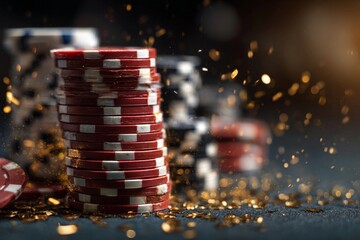 Stacked poker chips with gold glitter and blurred background at a gambling table during a casino night event