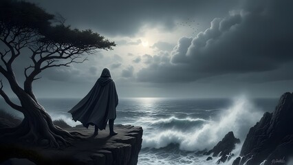 Lone figure gazes at stormy ocean from cliff edge