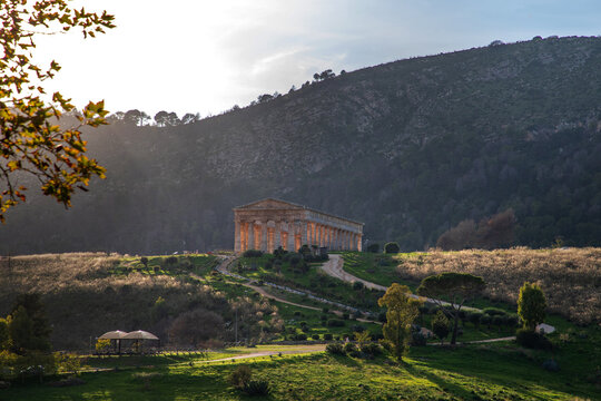 Ancient Greek Temple of Segesta at Sunset in Sicilian Landscape