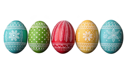 Colorful easter eggs with traditional patterns isolated on transparent background
