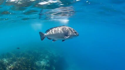 Single Galjoen Fish Swimming Underwater in Clear Blue Ocean Water.