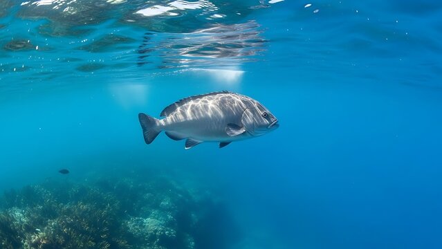 Single Galjoen Fish Swimming Underwater in Clear Blue Ocean Water.
