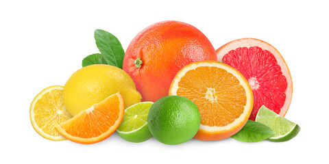Citrus fruits isolated on white. Fresh orange, lemons, limes and grapefruits