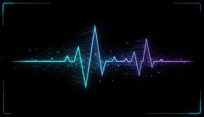 Digital heartbeat or sound wave on a dark background with vibrant blue and purple neon lines, representing life, technology, audio, health, and medical data monitoring, symbolizing rhythm