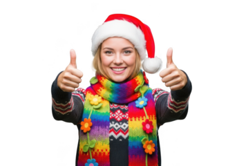 Woman wearing a santa hat and colorful scarf giving thumbs up isolated on transparent background