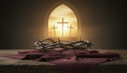 Crown of thorns resting on burgundy cloth with crosses silhouetted in light arched doorway symbolizing Jesus Christ Passion resurrection