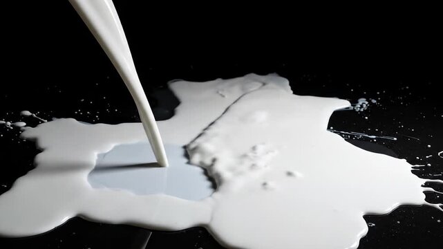 Stream Of White Liquid Pouring onto a Black Surface Creating a Puddle with Smooth Texture