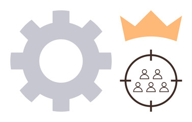 Gearwheel, crown, and target with people represent teamwork, leadership, goal-setting, efficiency, innovation, business growth and achievement. Ideal for management strategy leadership