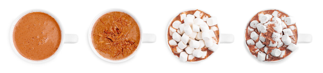 Tasty hot cocoa with marshmallows and chocolate shavings in cup isolated on white, collection. Top view
