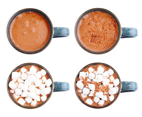 Tasty hot cocoa with marshmallows and chocolate shavings in cup isolated on white, collection. Top view
