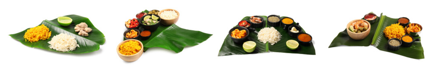 Banana leaves used for serving food. Collection of different dishes isolated on white