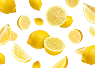 Fototapeta premium Fresh lemons falling on white background. Citrus fruit