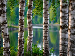 Peaceful birch trees with distinctive white bark standing tall by a calm lake surrounded by lush greenery in a serene natural forest setting