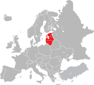 Map of Baltic Countries on European Continent Vector.