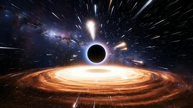 Spectacular black hole distortion in deep space with accretion disk and star streaks