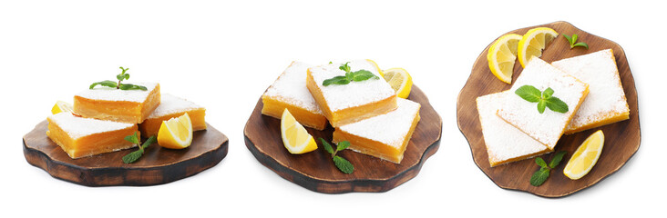 Delicious lemon bars isolated on white, set. Top and side view