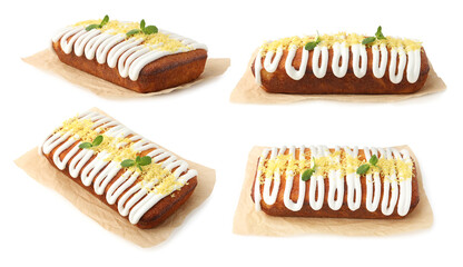 Delicious lemon pie isolated on white, set