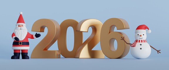 Santa Claus and snowman greeting 2026 year, 3d illustration on isolated background