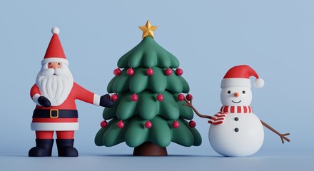 Santa Claus and Snowman with decorated Christmas tree on isolated background