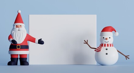 Santa Claus and snowman showing to the white blank banner on isolated background