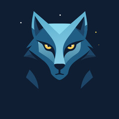 Geometric blue wolf head with yellow eyes silhouette isolated on white background
