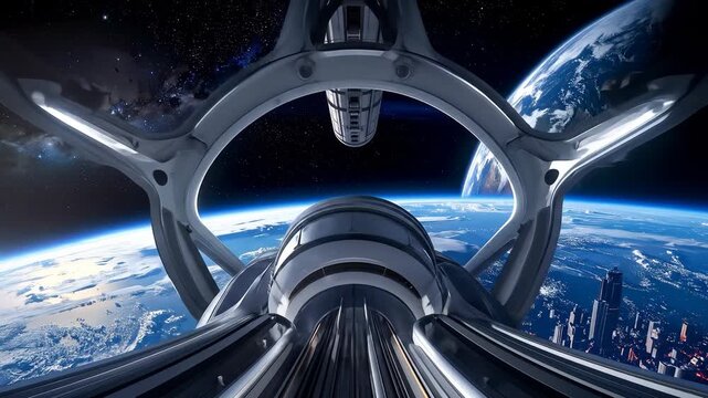 Interior View of Spacecraft with Earth in the Distance in Space