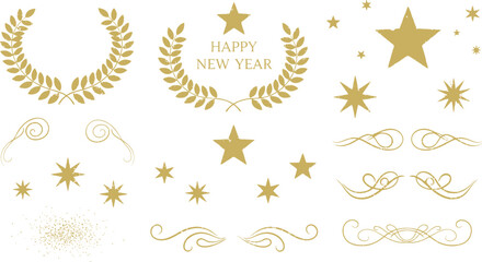 Golden New Year's greeting including laurel wreaths, stars, and swirls