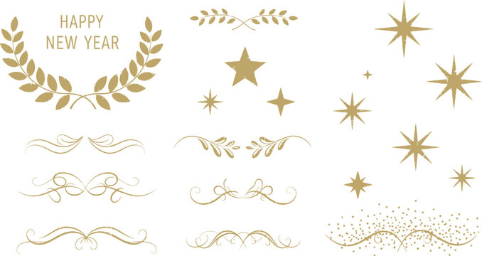 Golden New Year Decorative and Wreath with Stars and Swirls Keywords: new, year, happy, golden