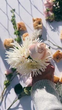 a hand holding a white chrysanthemum and pale blush rose surrounded by small bread pieces, greenery, and gentle sunlight creating soft shadows on a white surface.