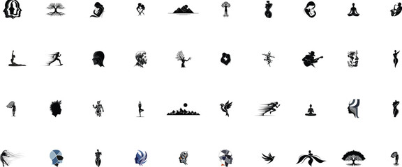 Collection of diverse silhouette representing human figures nature and abstract concepts