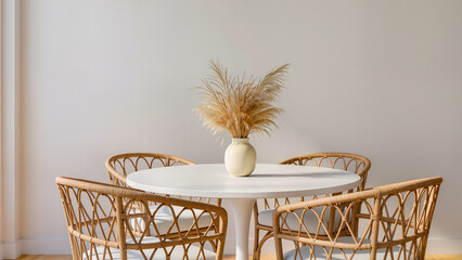 Bright dining area in minimalist Scandinavian style with rattan chairs and pampas grass decor.