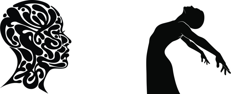 Black silhouette of a stylized human head and a dancing figure Keywords: silhouette, head