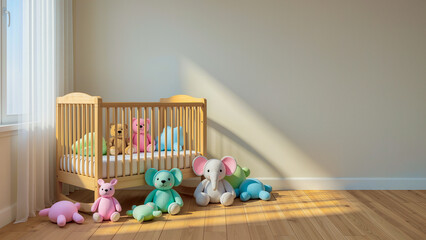 Cozy minimalist nursery room with a wooden crib and plush toys, illuminated by sunlight.