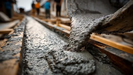 Concrete Pouring: Construction Worker Applying Wet Cement Mixture into Formwork for Foundation Building Project.