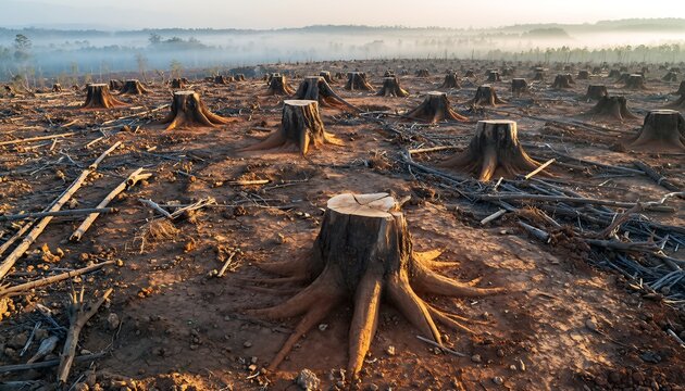 The stark and desolate landscape of a clear-cut forest, featuring rows of tree stumps under a misty, overcast sky, symbolizes the severe environmental consequences of deforestation