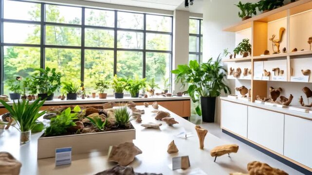 Interior Exhibition Featuring Beige Tables with Artifacts and Green Plants, Modern Lighting, and White Cabinets Against Window Background