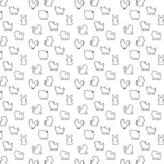 A seamless repeating pattern of minimalist outline animal icons, including farm and zodiac animals, arranged evenly