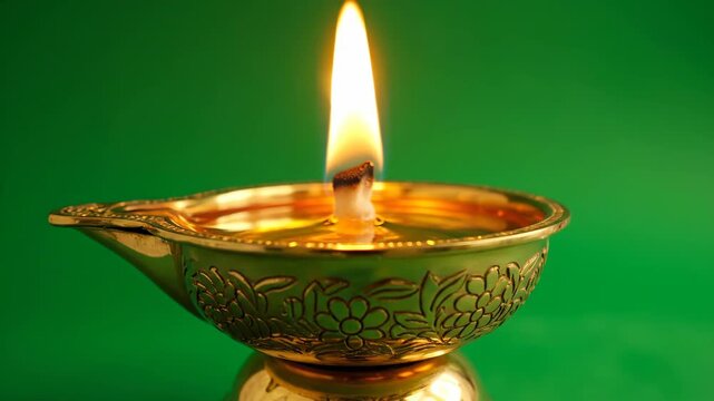 A warm, golden flame glows from a traditional brass diya, captured in a focused close-up against a vibrant green studio background.