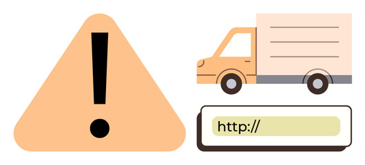 Orange caution sign with exclamation mark, delivery truck, and URL bar for emphasizing warning or error. Ideal for logistics, online delivery issues, web error, e-commerce, alert notifications