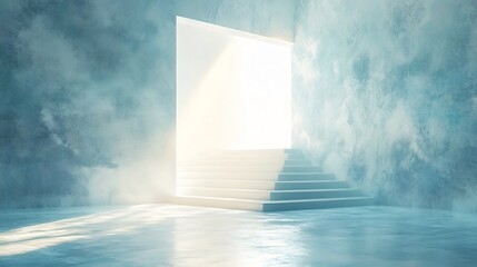 Ethereal Passage Through Misty Heavenly Doorway and Cascading Stairs