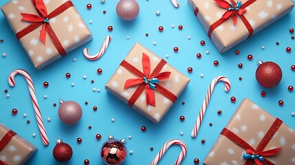 Beautifully Wrapped Christmas Gifts With Red Ribbons and Ornaments on Blue Background