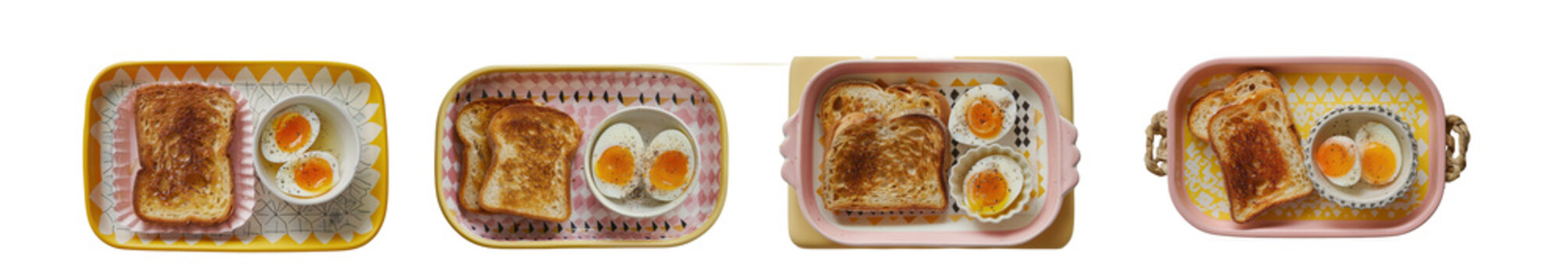Assorted breakfast trays with eggs and toast isolated on transparent background